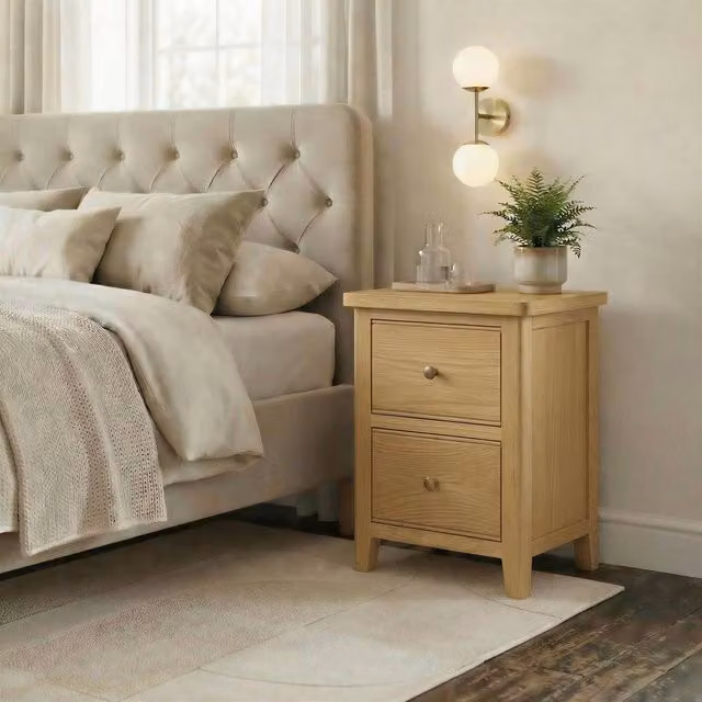 FurnitureboxUK Belle 2 Drawer Solid Oak Wood Slim Bedside Table in Light Brown – 1