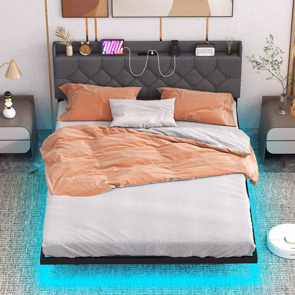 Costway King Size Modern Upholstered Floating Platform Bed Frame in Grey with Under-Bed Lighting and USB Charging Ports, W/D/H: 180 x 200 cm – 8