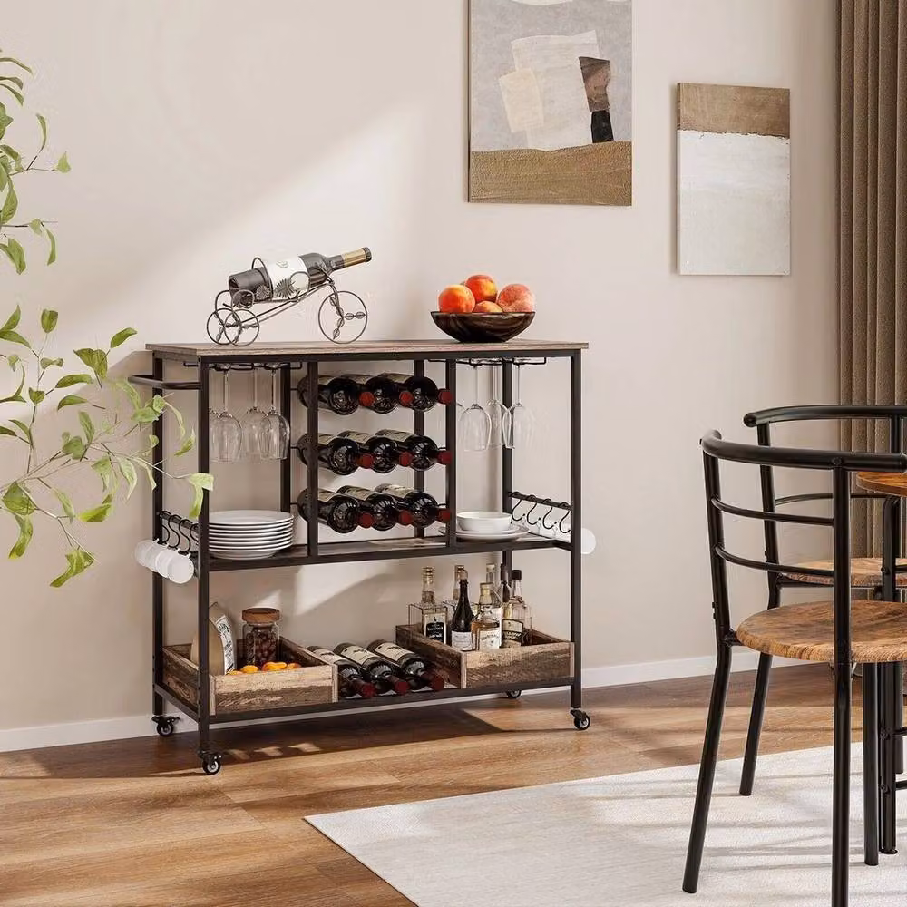 KORVIXA 3-Tier Black Metal and Glass Bar Cart with Castors – 4