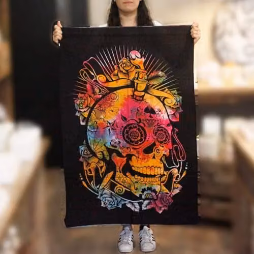 KDMD Day of the Dead Skull Cotton Wall Hanging, Multicolour and Black, W: 112 cm, H: 78 cm – 2