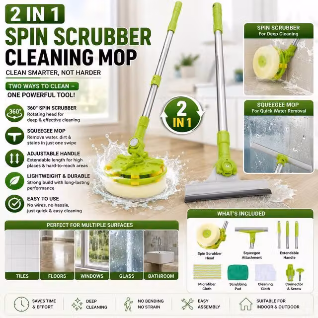 ATEK 2-in-1 U-Shaped Window Squeegee and Sponge Cleaner with Telescopic Extension Pole, Green