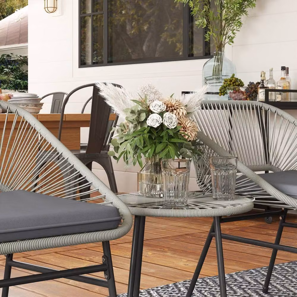 Wyld Haus Sorino 3 Piece Light Grey Rattan Bistro Set with Glass and Steel Table – 5