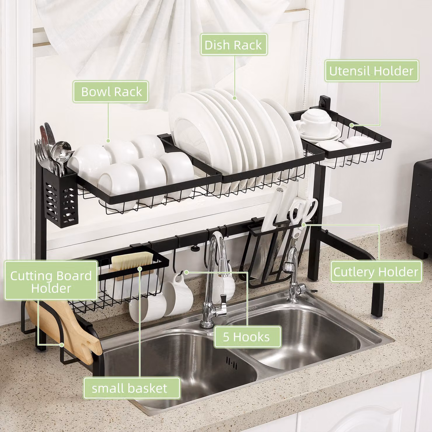 HOMCOM 2 Tier Adjustable Over The Sink Dish Drying Rack with Cutlery Holder, Black – 5