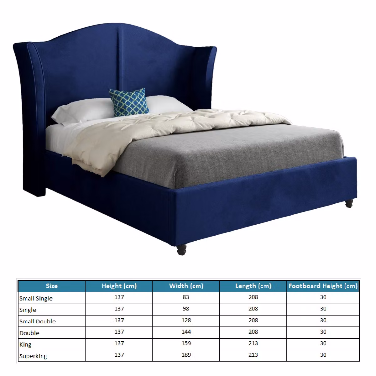 KDMD Winchester Chesterfield Upholstered Velvet Designer Bed Frame in Blue, Small Single – 5