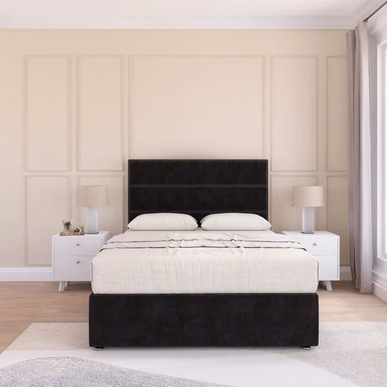 Sloomy Watson Chesterfield Upholstered Velvet Divan Bed Frame with Headboard in Black, W/D/H: 120 x 200 cm