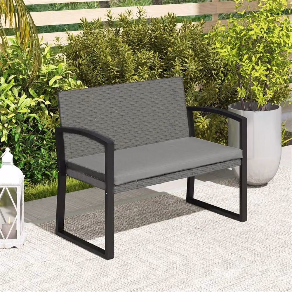 SPETLEK Grey 2 Seater Rattan Outdoor Bench with Cushions and Steel Frame, W: 100 cm, D: 80 cm, H: 80 cm – 6