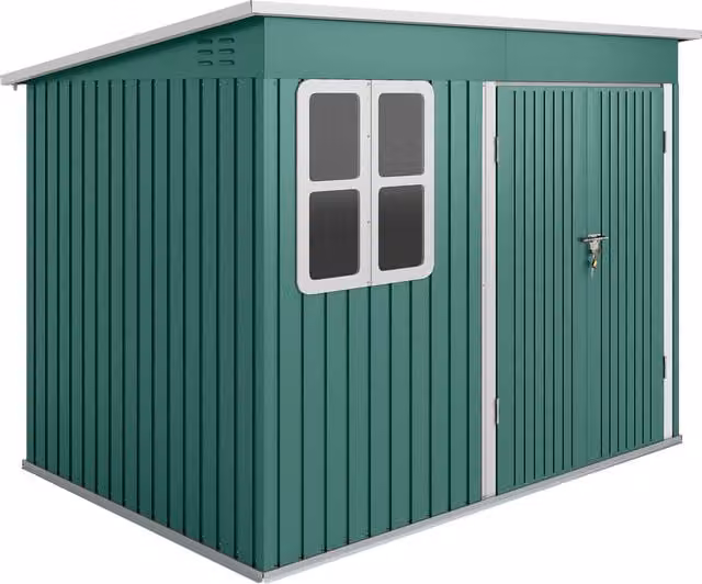 Outsunny Galvanised Steel Garden Storage Shed with Foundation Kit, Window and Lockable Double Doors, Green, W/D/H: 259 x 177 x 190 cm