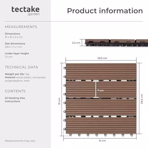 tectake 22-Piece WPC Decking Tile Set in Brown, 31 x 31 cm per Tile, 2.1142m² Total Area – 6
