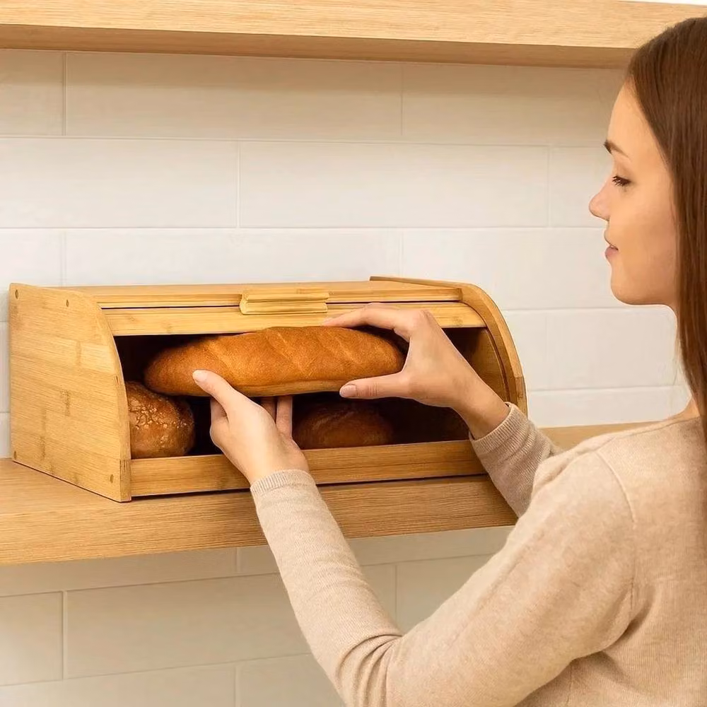 EONLION Brown Bamboo Roll Top Bread Bin with Ventilated Loaf Storage – 3