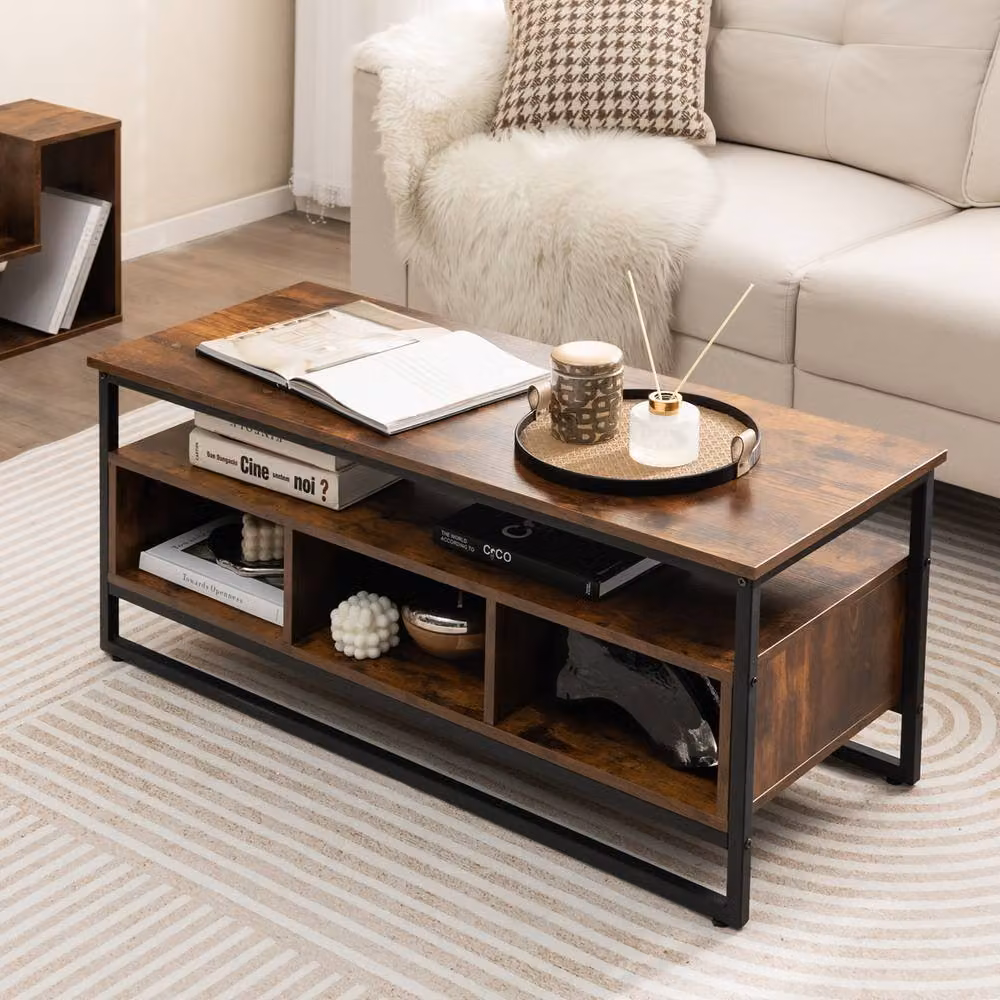 Gymax Industrial Coffee Table and TV Stand with 3 Cubbies, Brown Wood and Metal Frame – 2