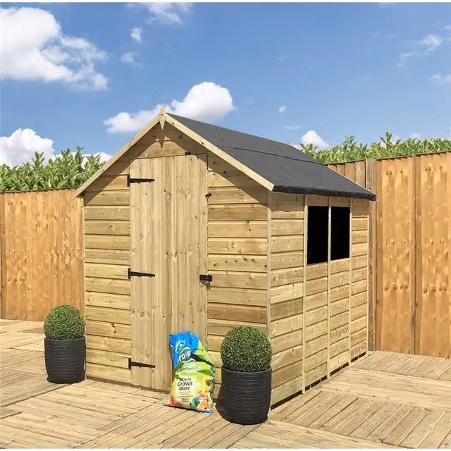 Marlborough Pressure Treated Low Eaves Apex Garden Shed with Single Door and Window in Natural Wood – 1