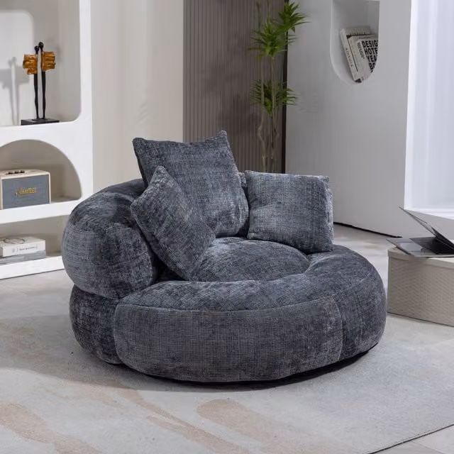 Aosom UK Grey Chenille Bean Bag Chair with 3 Pillows and Shredded Memory Foam Filling, W/D/H: 108 x 108 x 52 cm