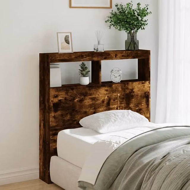 Berkfield Home Modern Headboard Cabinet in Smoked Oak Brown with Integrated LED Lighting, USB Charging Port and Bedside Shelf, W/D/H: 100 x 17 x 102 cm – 1