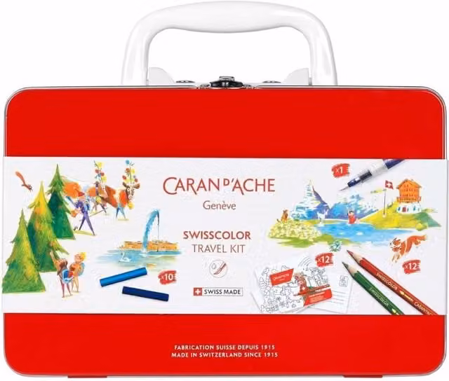 Caran d'Ache Swisscolor Travel Kit with Red Water-Soluble Pencils and Wax Pastels