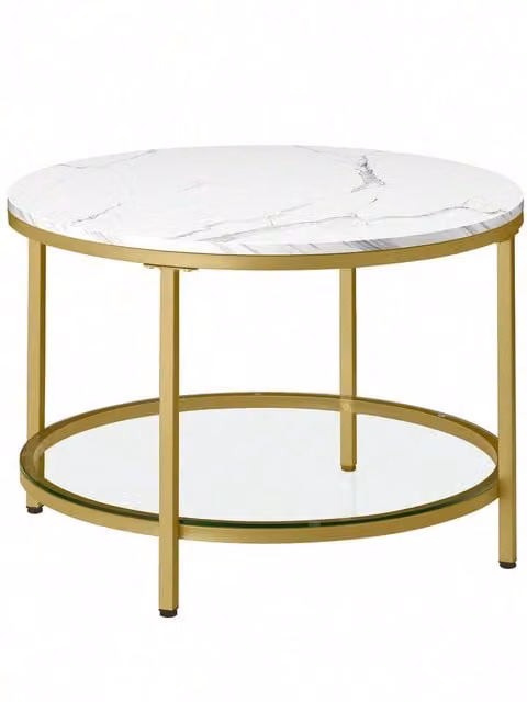 VASAGLE Modern Round Coffee Table with Glass Shelf and Metal Legs, White
