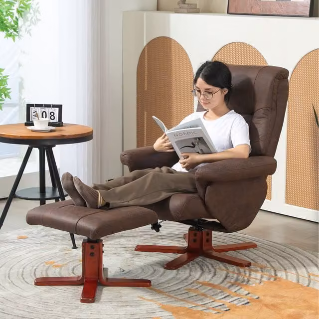 HOMCOM Recliner Chair with Footstool and Adjustable Backrest in Brown Synthetic Leather and Microfibre