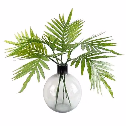 Leaf Design UK Artificial Green Tropical Palm Leaves with Round Glass Tabletop Vase, H 80 cm x W 70 cm x D 34 cm