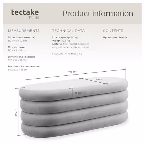 tectake Altu Storage Bench with Velvet or Bouclé Cover in Grey, W/D/H: 110 x 45 x 42 cm – 2