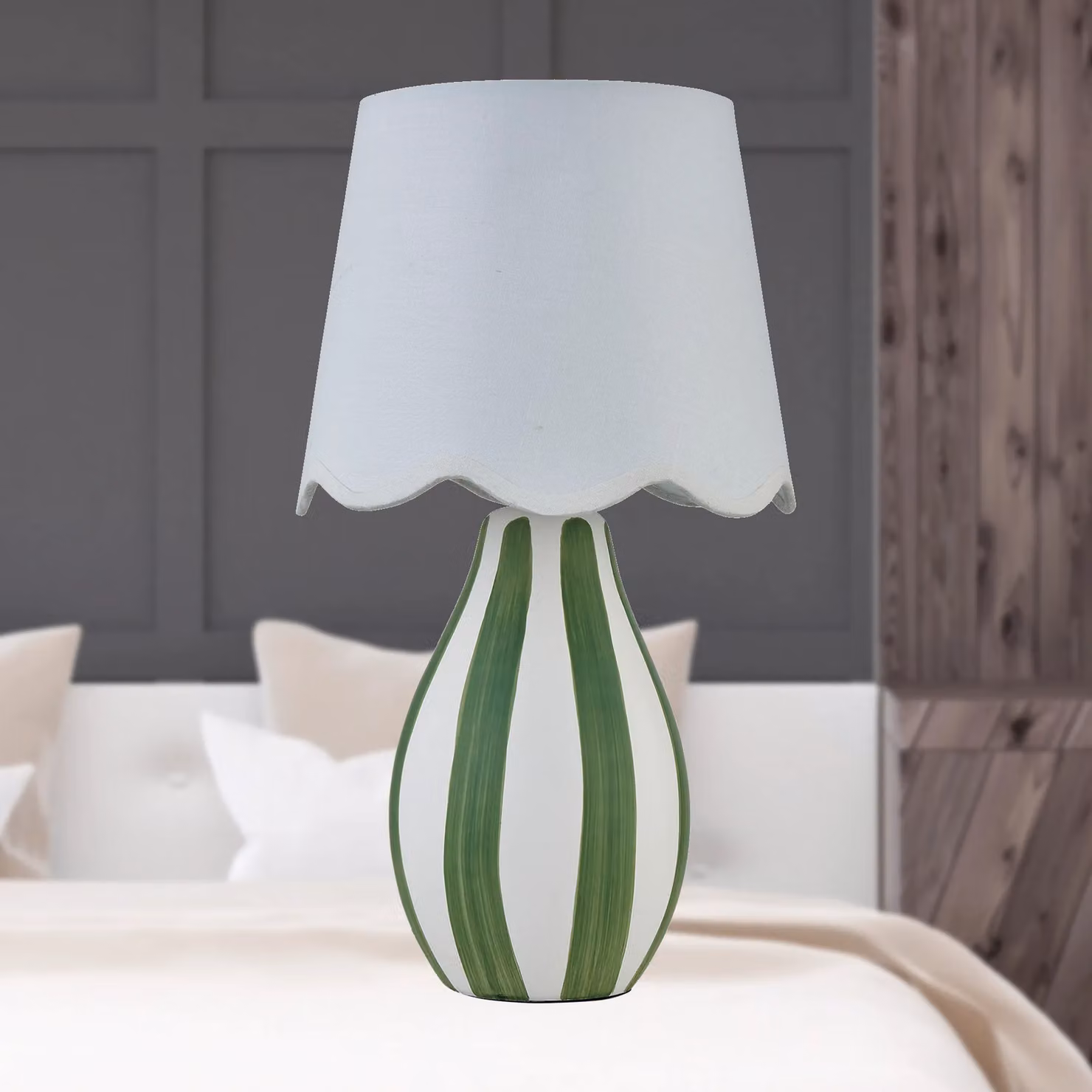 First Choice Lighting Connie Green and White Stripe Ceramic Table Lamp with Scallop Shade – 2