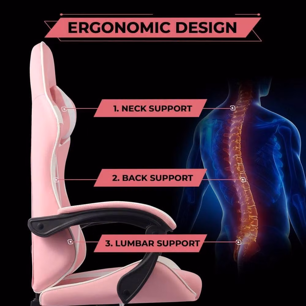 Lishetimig Ergonomic Pink PU Leather Gaming Chair with Headrest and Armrests – 4