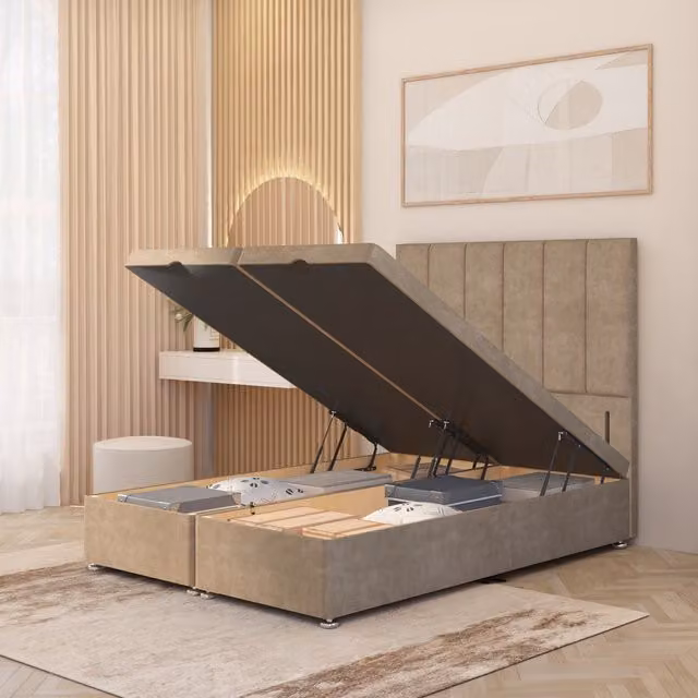 Somnior Beds Ltd Austin Plush Velvet Ottoman Divan Bed with Floor Standing Headboard, Beige, W/D/H: 120 x 200 cm