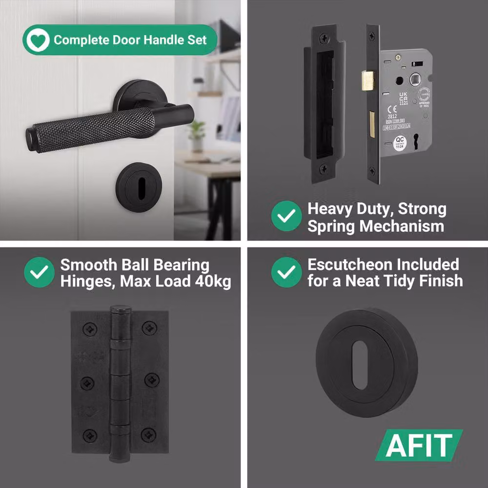 Dixon AFIT Black Matt Knurled Sash Lock Door Handle with Hinges, W: 15 cm x H: 15 cm – 4