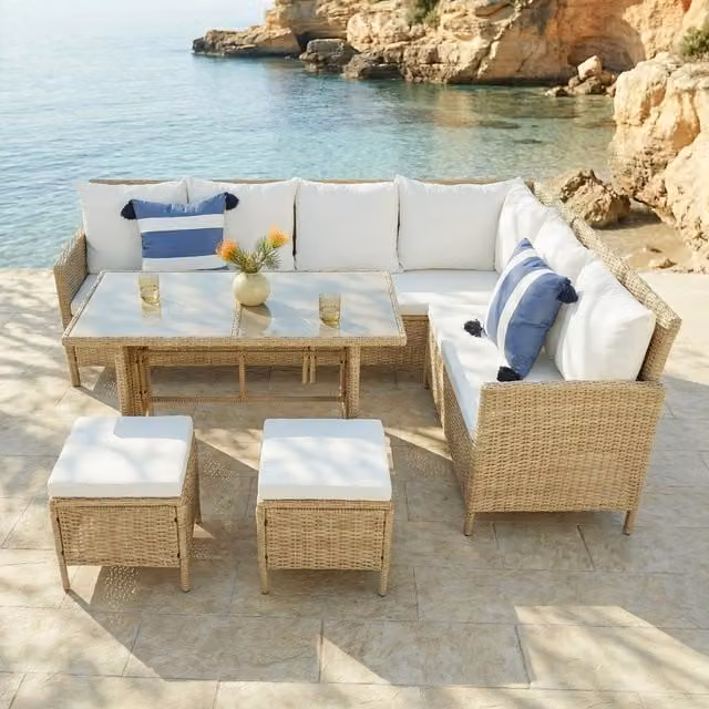 Bideford 8-Seat Rattan Corner Dining Sofa Set with White Cushions and Tempered Glass Table in Natural Rattan