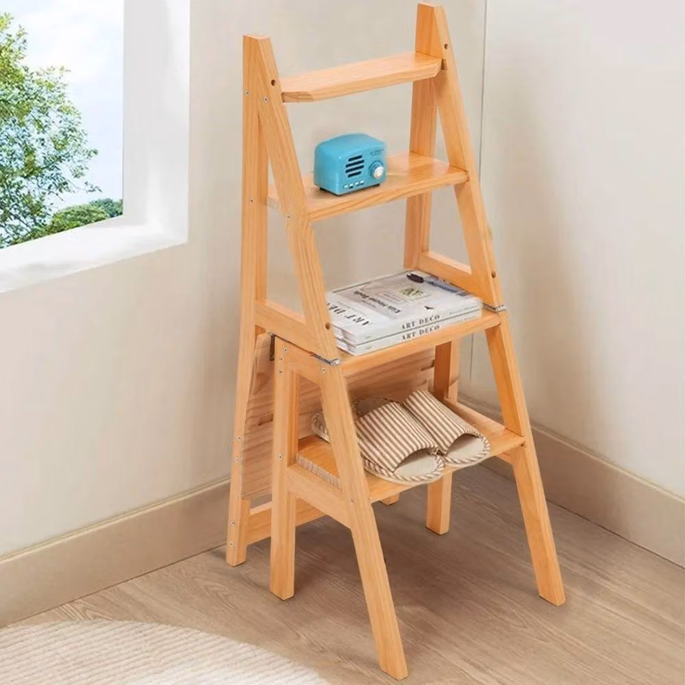 Kelvenix Multipurpose Folding Wooden Library Step Ladder in Natural Brown and Beige, H: 1000 cm, W: 52 cm – 2