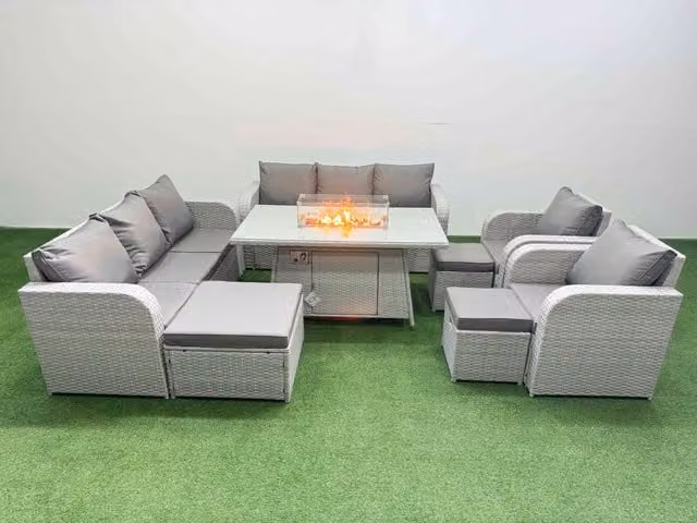 Fimous PE Rattan High Back Lounge Sofa Set with Firepit Dining Table, 3 Seater Sofa, Reclining Chair and 3 Stools in Light Grey
