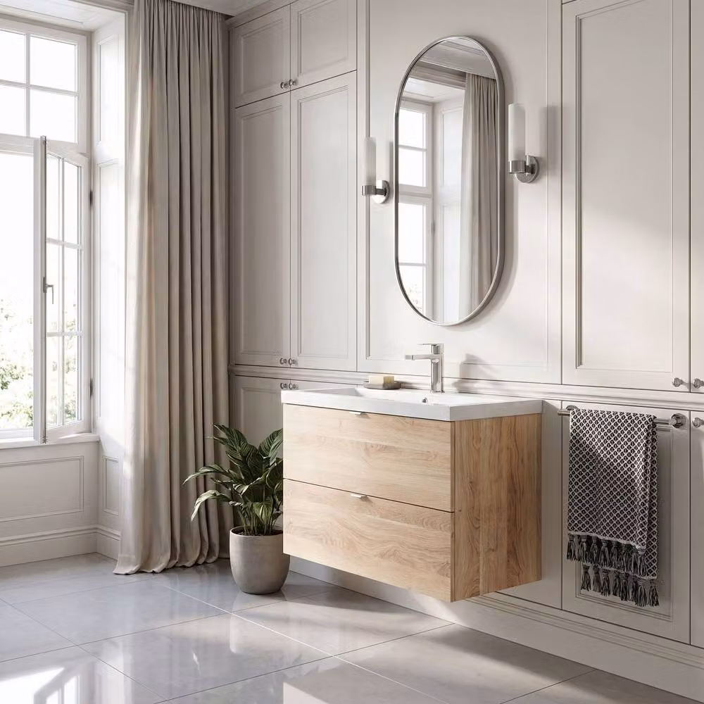Balterley Alrewas Contemporary 2 Drawer Wall Hung Vanity Basin Unit, Brown Oak, Width: 80 cm – 4