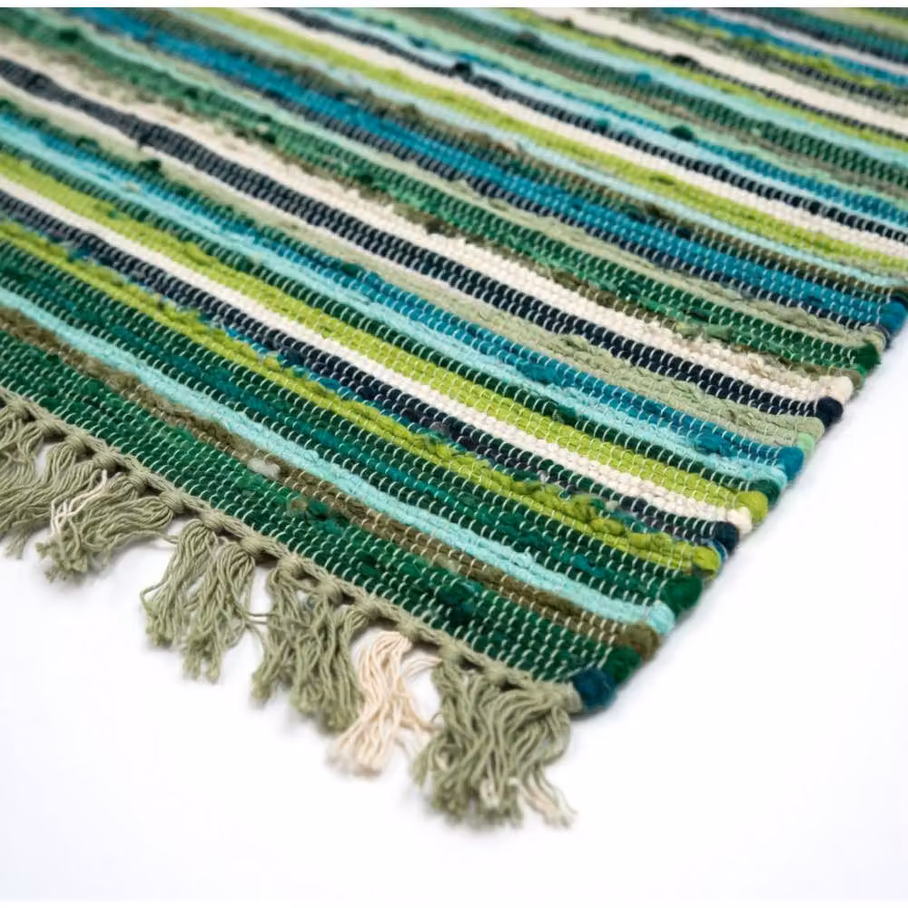 KDMD Premium Natural Green Striped Rag Rug for Living Room and Bedroom, W: 150 cm, D: 90 cm – 3