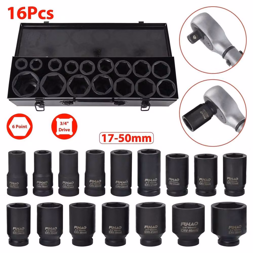 NESTLUNE 16-Piece 3/4 Inch Drive Deep Impact Socket Set, 17-50mm, Black – 3