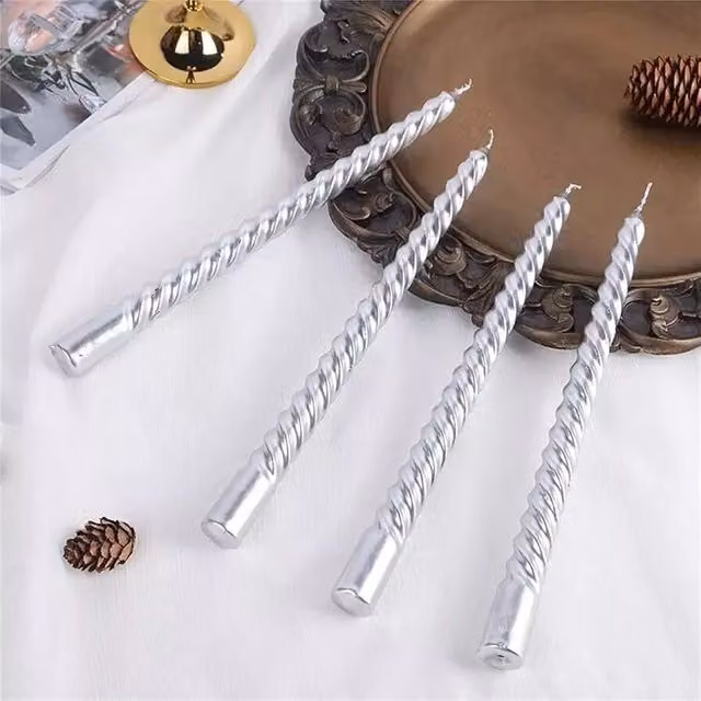 Marco Paul Set of 4 Silver Twisted Tall Tapered Dinner Candles