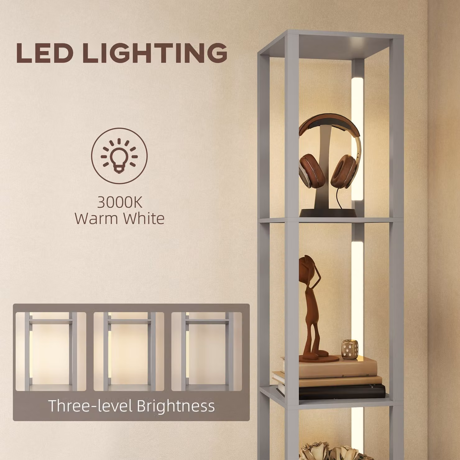HOMCOM Modern LED Floor Lamp with Shelves and Fabric Drawer, Dimmable Warm White Column Standing Lamp in Grey, H 169 x W 26.5 x D 26.5 cm – 4