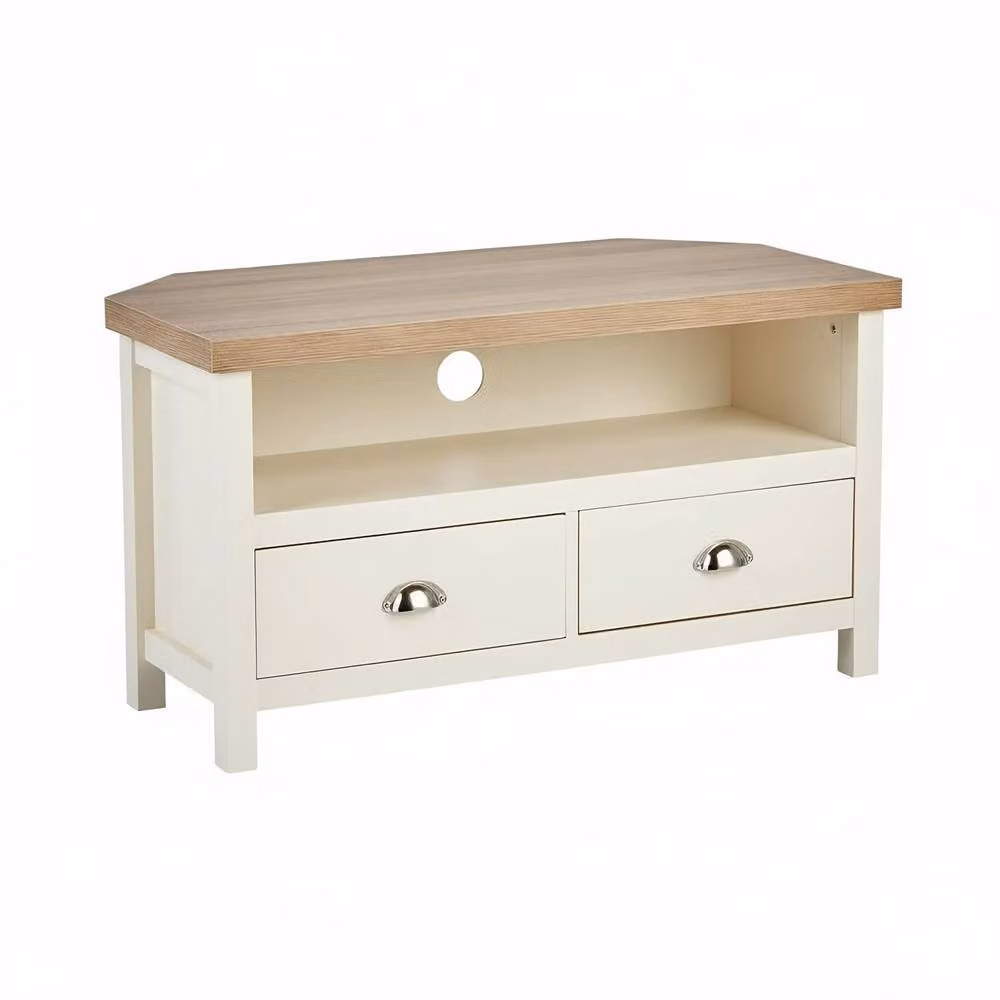 Home Source 2 Drawer TV Stand with Open Shelving and 36mm Top in White – 3
