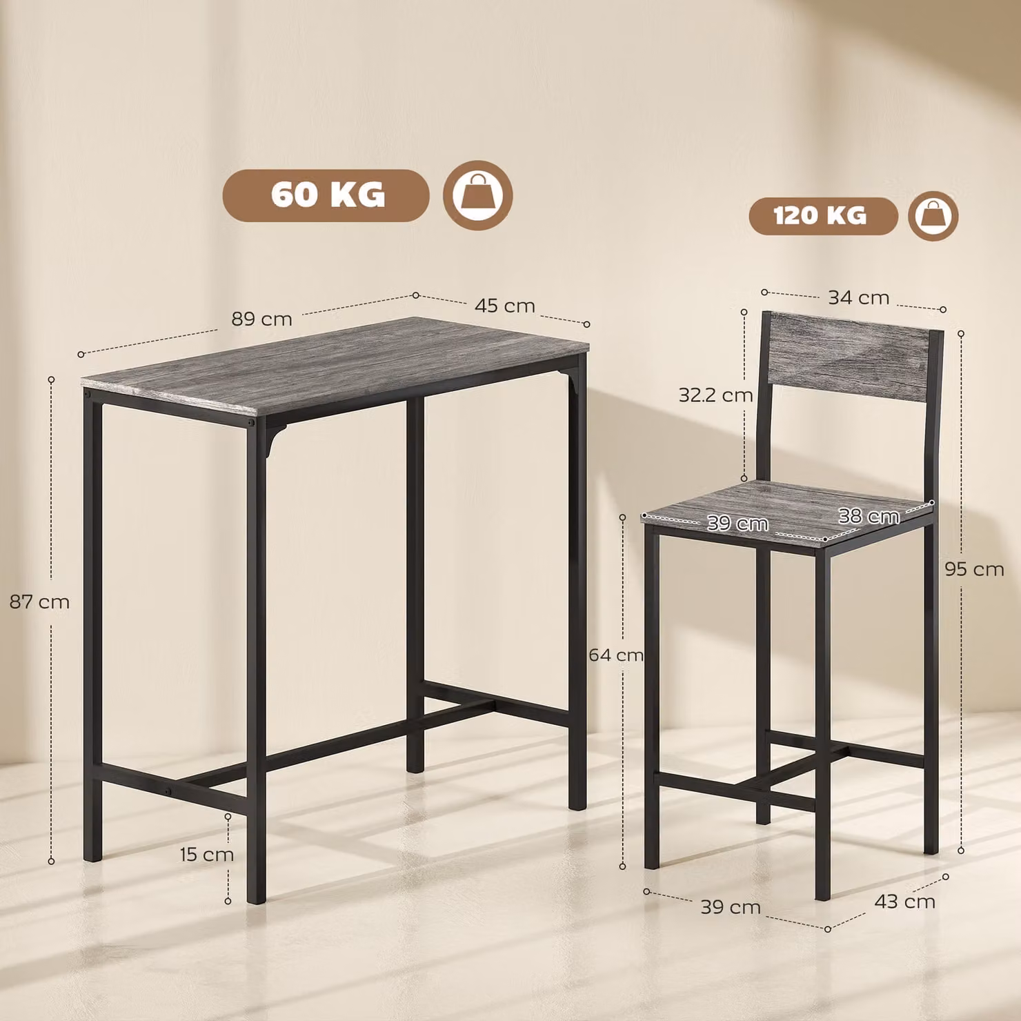 HOMCOM 3-Piece Industrial Bar Table Set with 2 Stools in Black and Grey – 3