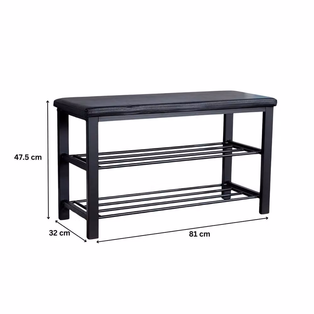 SPETLEK Metal Shoe Bench with Storage Shelves in Black and Grey with PU Leather Seat – 2
