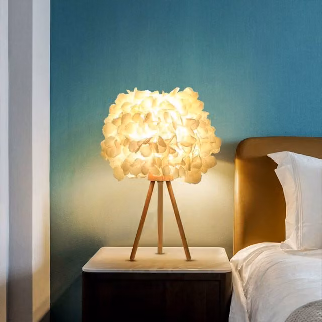 Living Star White Fabric Lampshade Table Lamp with Wood Tripod Base