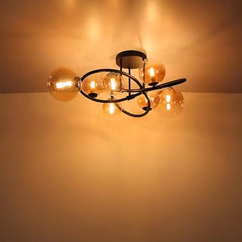 Netlighting Tuberius Multi Arm Semi Flush Ceiling Light in Black with Amber Glass Spheres for 7x G9 Bulbs – 3