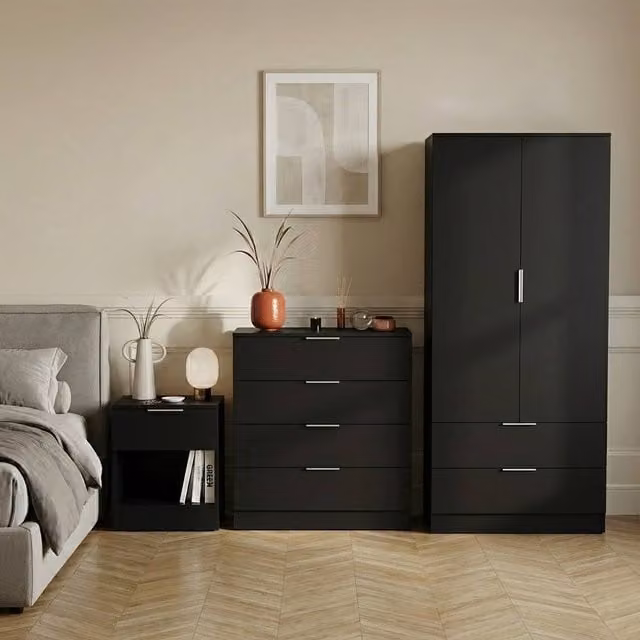 HD Designs Trega 3-Piece Black Bedroom Set Including 1-Door Bedside Cabinet, 4-Door Chest and Wardrobe
