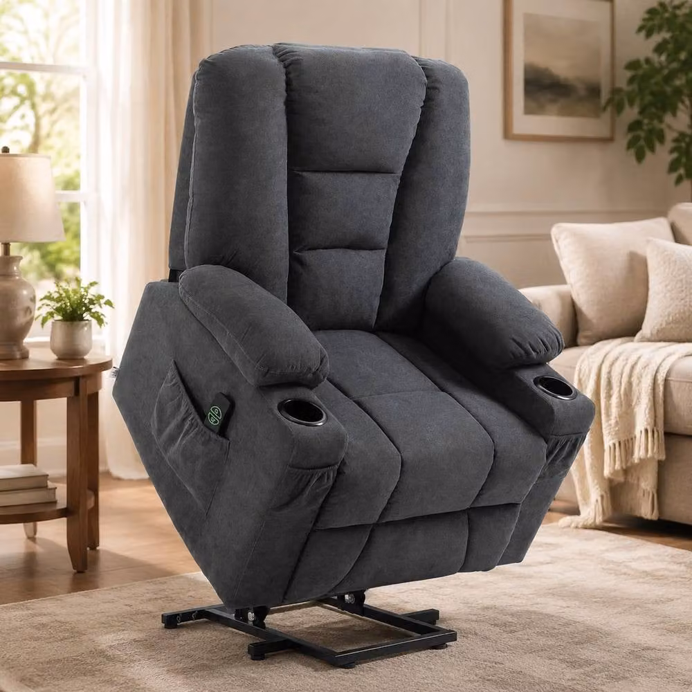 STILVORA Grey Fabric Riser Recliner Armchair with Footrest, Cup Holders and Powered Lift Assist – 6
