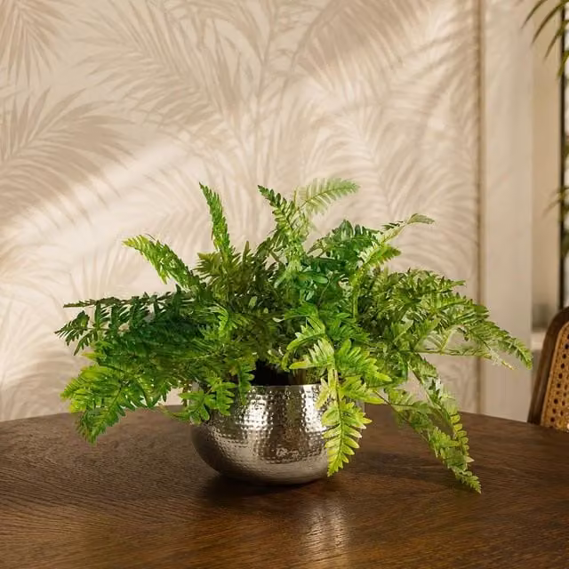 Green Leaf Artificial Ferns in a Silver Metal Bowl Planter, W/H: 50 x 65 cm – 1