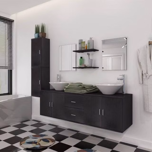 Berkfield Home Nine Piece Modern Matt Black Bathroom Furniture and Ceramic Basin Set