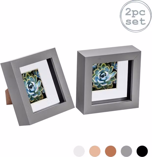 Nicola Spring Pack of 2 Square 3D Box Photo Frames in Grey and White, W/D/H: 10.16 x 10.16 x 10.16 cm