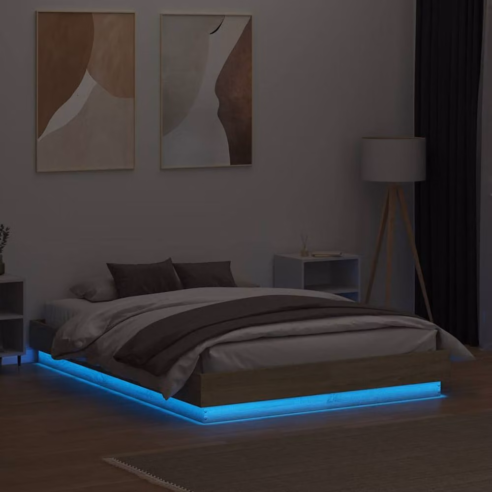 Berkfield Home Small Double Bed Frame with LED Under-Bed Lighting and USB Charging Port, Sonoma Oak, Light Tan, W: 120 cm, D: 190 cm – 3