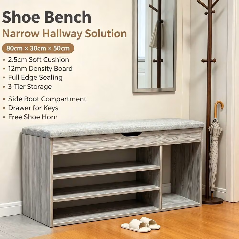 FLAVORA Grey Fabric Shoe Bench Storage Rack with Cushion Seat and Back Panel, W: 100 cm, D: 15 cm, H: 15 cm – 2