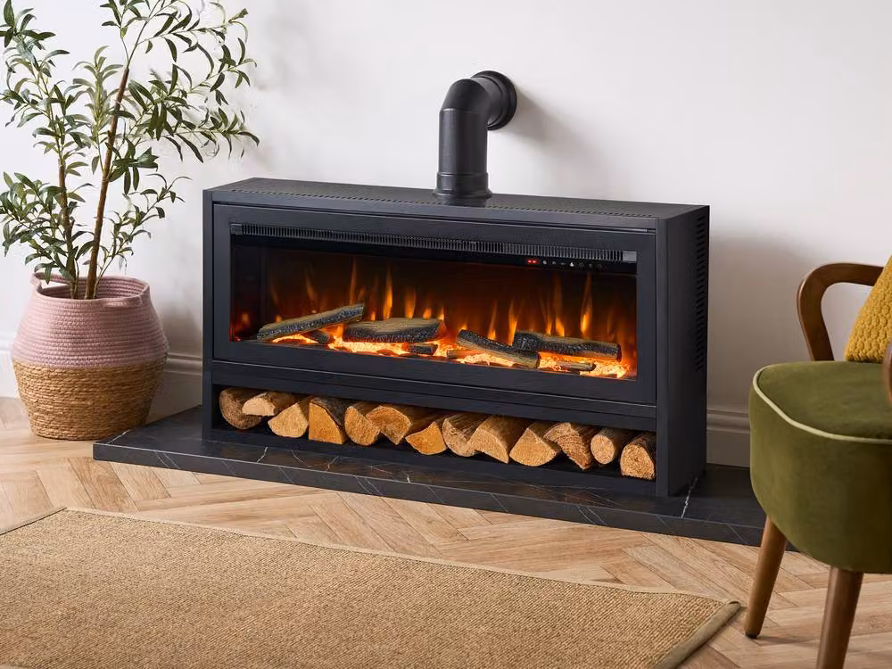 Acantha Vision Electric Media Stove with Log Store and Pipe in Black – 2
