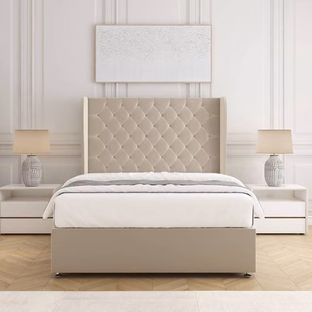 BSSPOKE Amelia Divan Bed Set with 54 inch Plush Velvet Headboard and Mattress in Cream, Size: King (W/D/H: 180 x 200 cm)