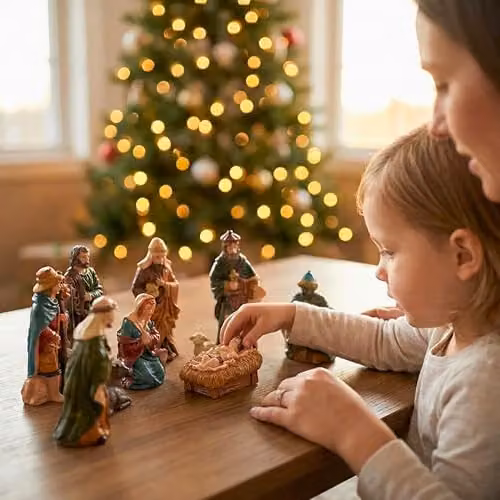 Shatchi Handmade Nativity Scene Wooden Stable Figurine, Multicolour Christmas Decoration – 9