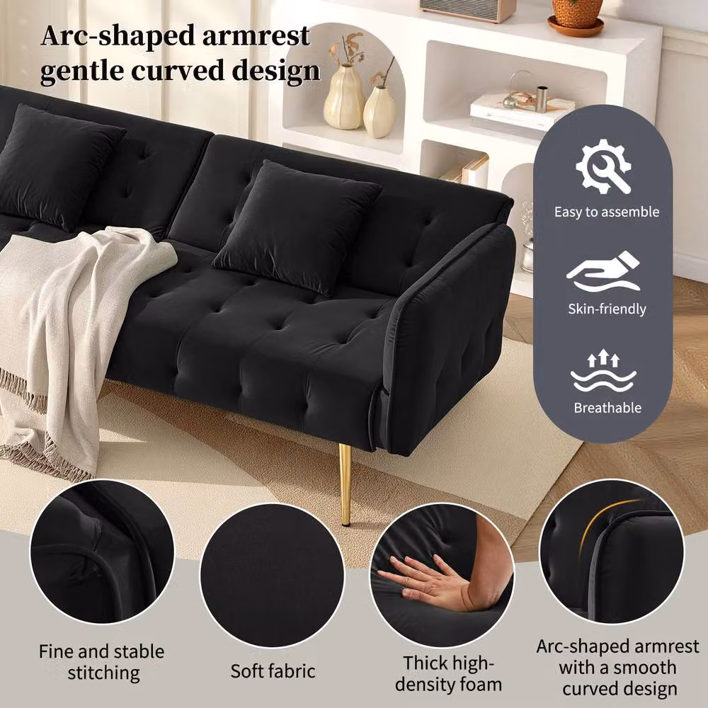 Merax Black Velvet Sofa Bed with Gold Accents and Solid Wood Frame – 7